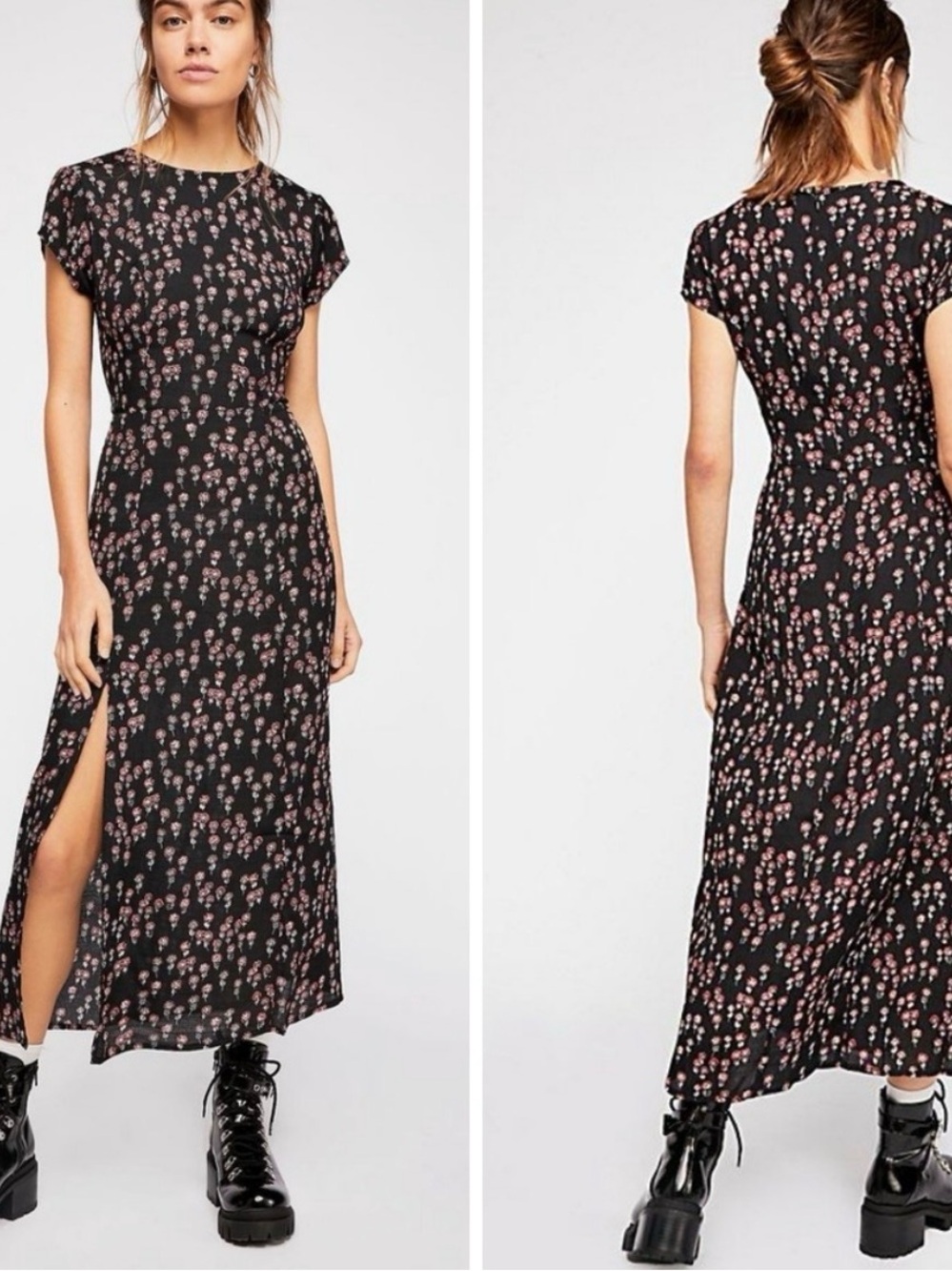 Free People midi dress corrie black floral split slit 2